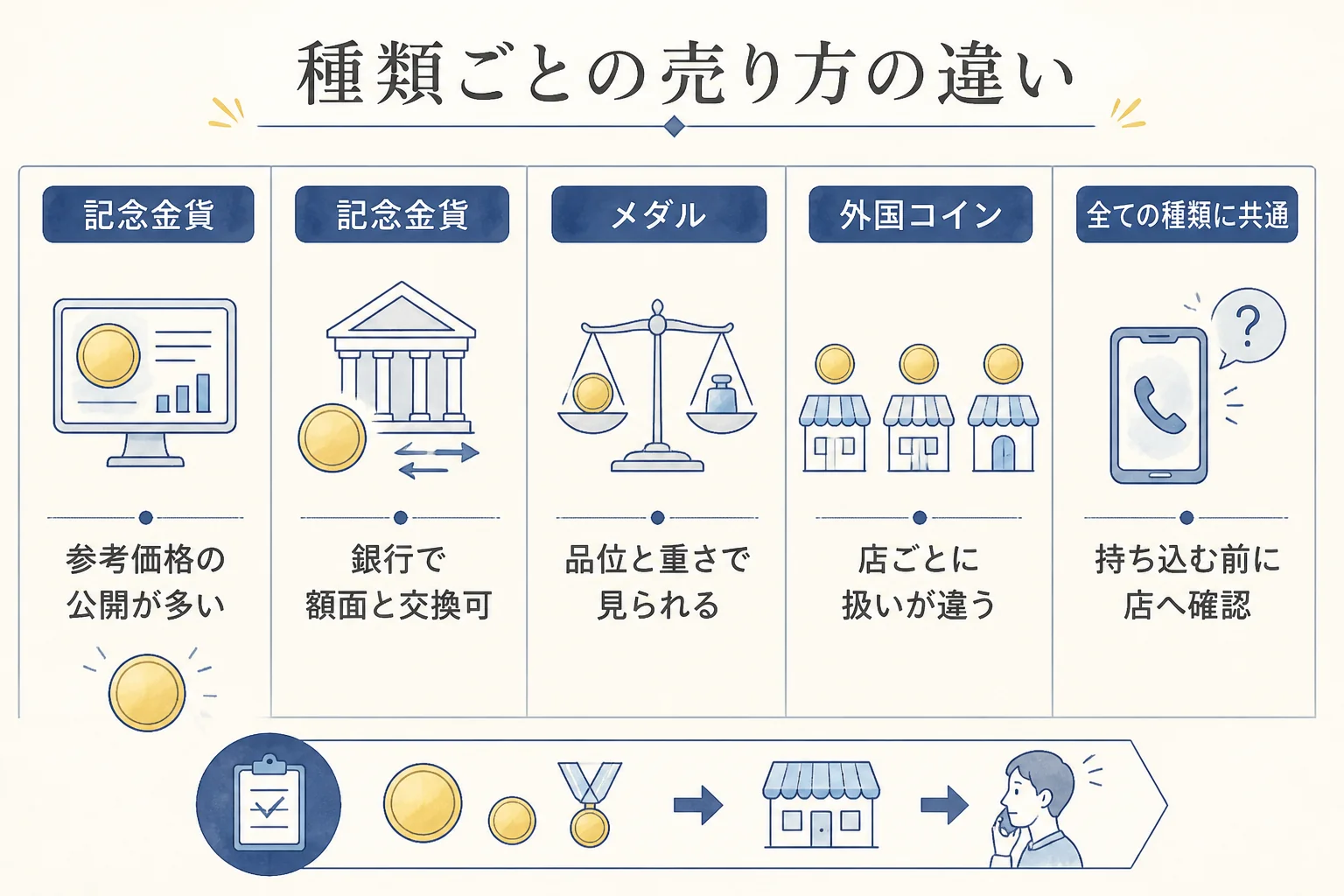 記念金貨と記念メダル・外国コインの売り方の違いの図解