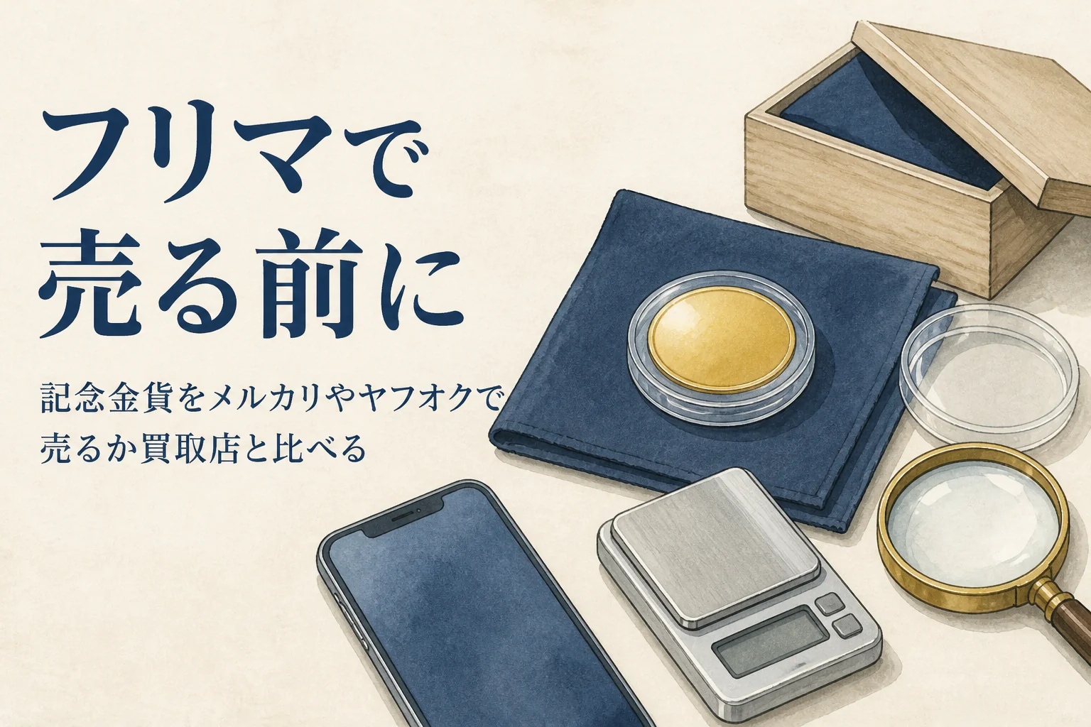 記念金貨をフリマで売るか買取店で売るか比べるイメージ