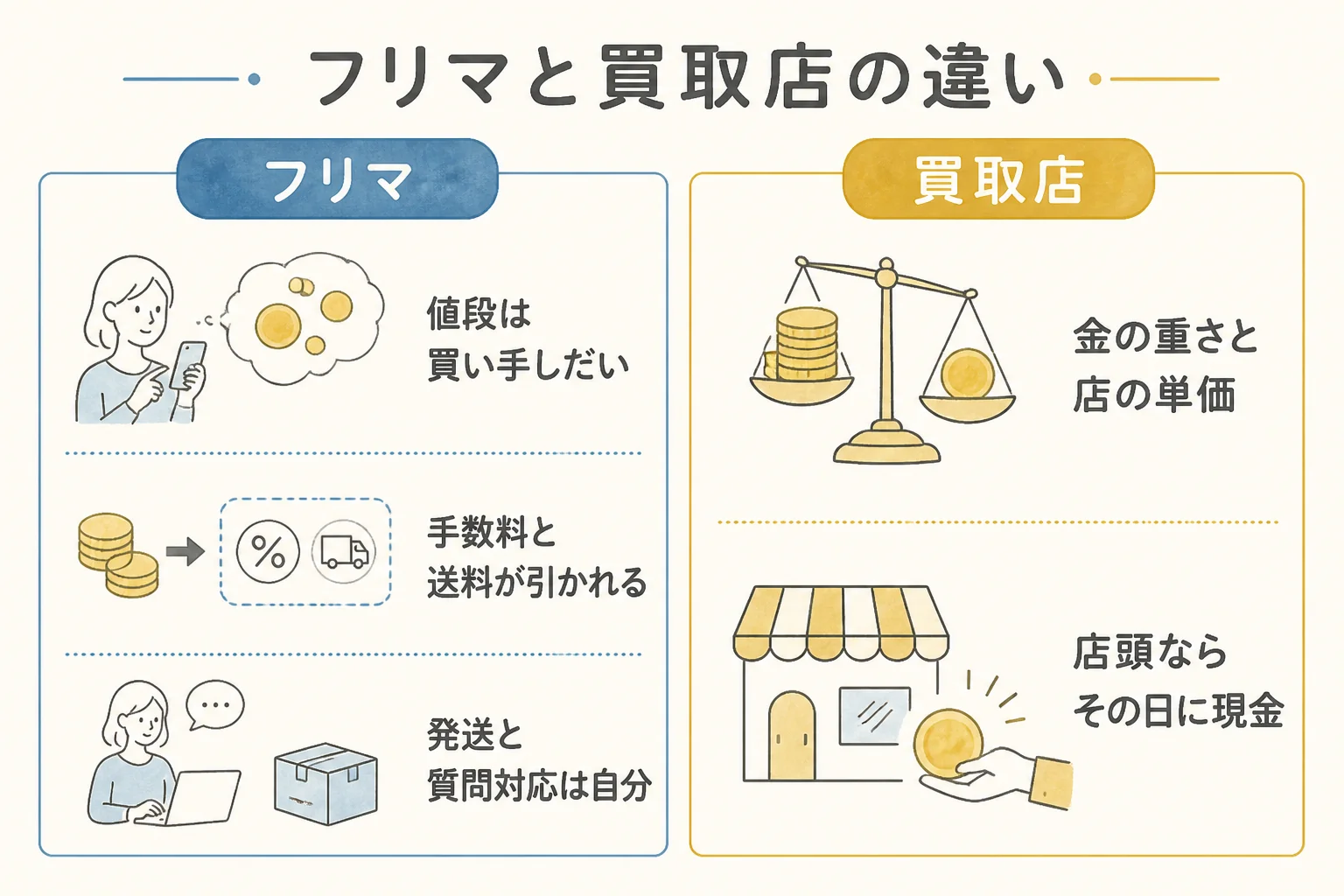 記念金貨をフリマ・オークションで売る場合と買取店で売る場合の違いを比べた図解