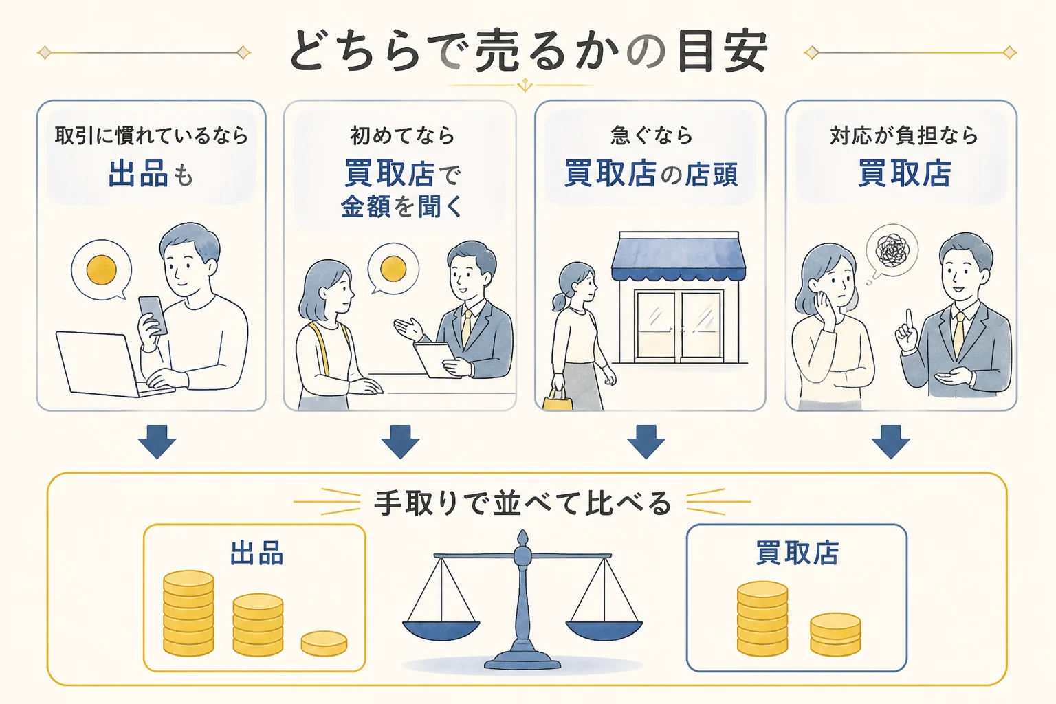 状況別にフリマと買取店のどちらで記念金貨を売るかを選ぶ目安の図解