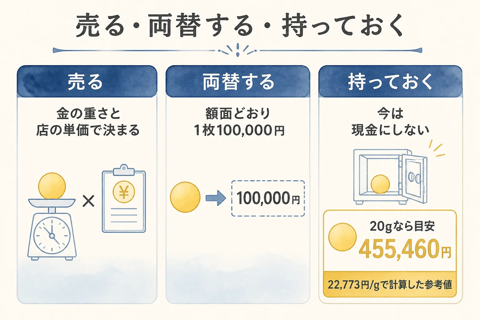 もらった10万円金貨を売る・両替する・持っておくの3つで比べた図解