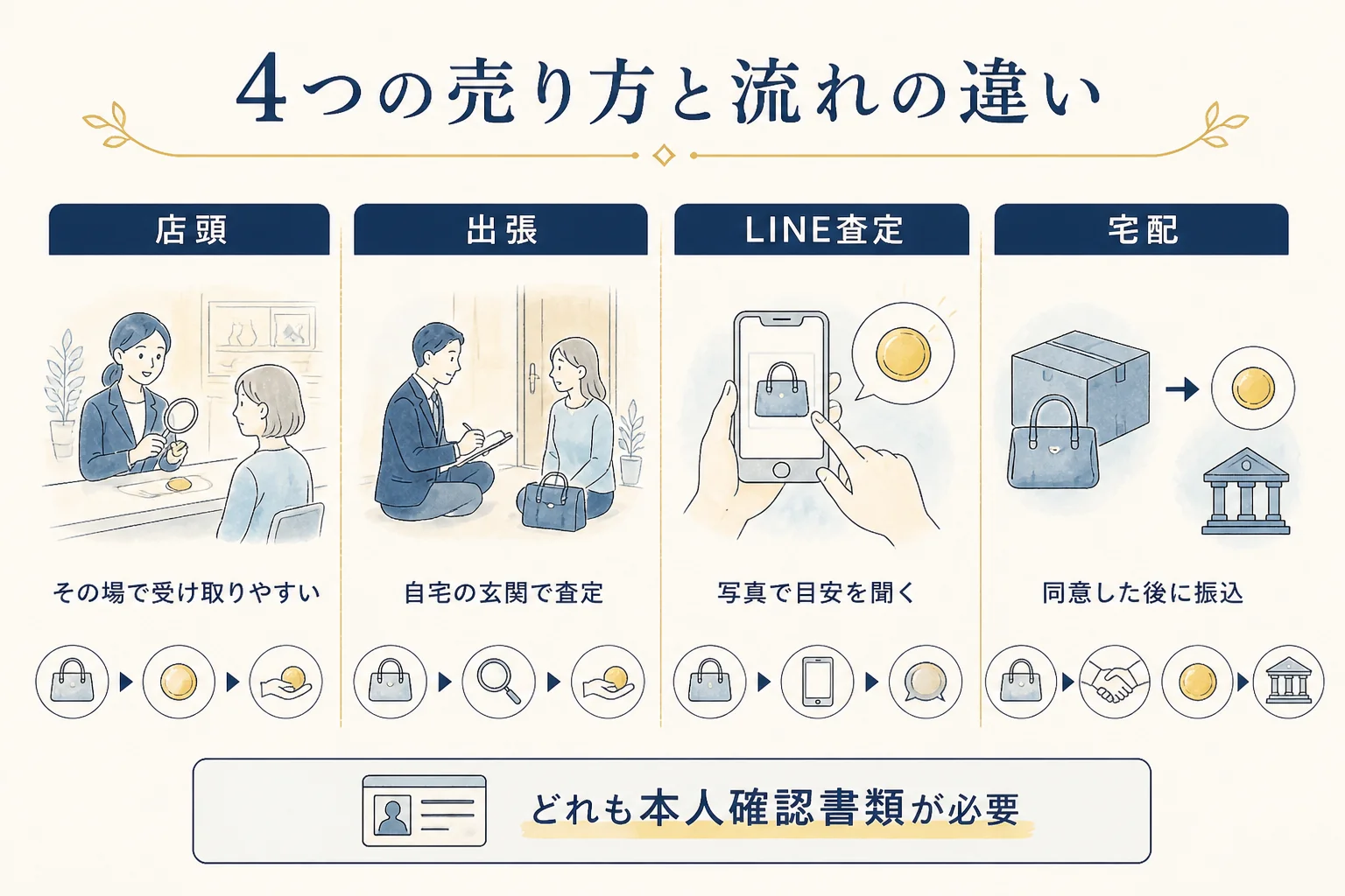 10万円金貨を売る4つの方法と流れの違いを比べた図解