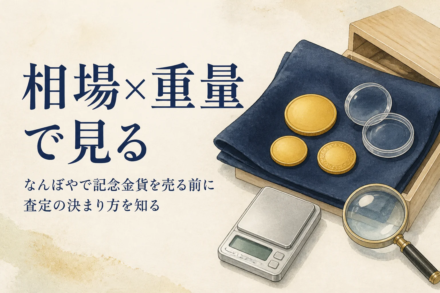 なんぼやで記念金貨を売る前に重さを量るイメージ