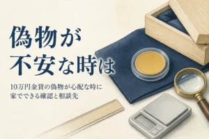 10万円金貨が偽物でないか確かめるイメージ