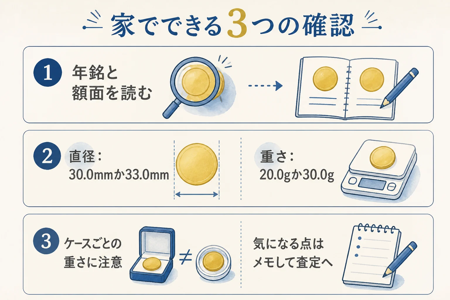10万円金貨の偽物が心配な時に家でできる確認の図解