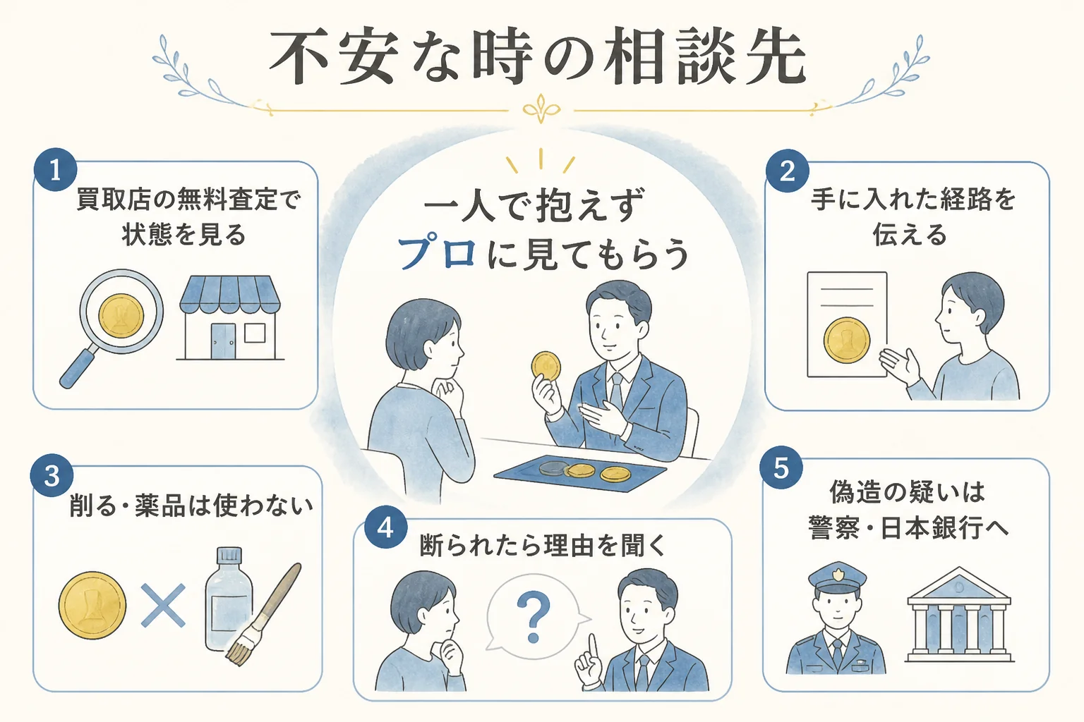 偽物が心配な10万円金貨の相談先と次の動き方の図解