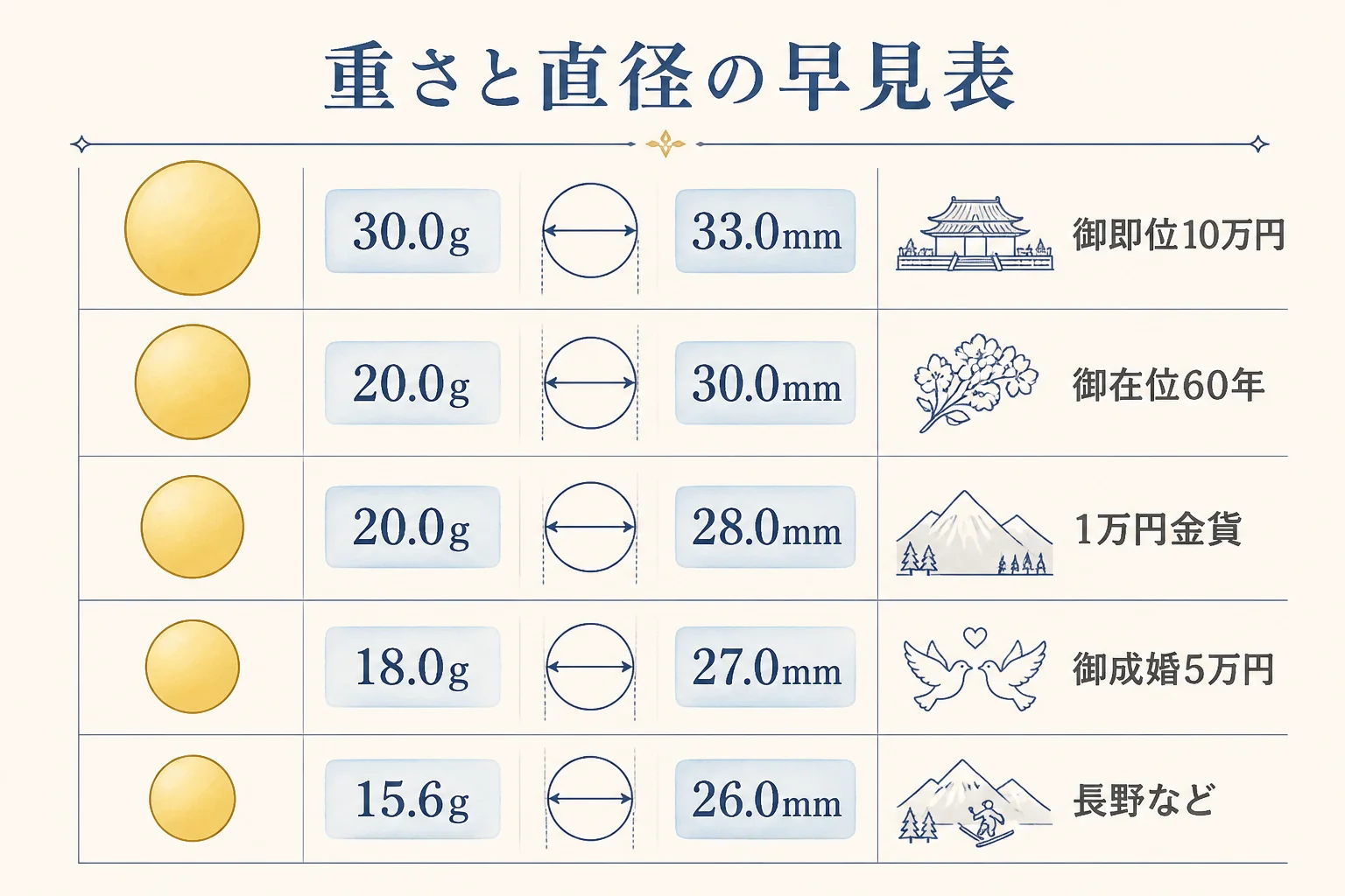 重さと直径で記念金貨を見分ける早見表の図解