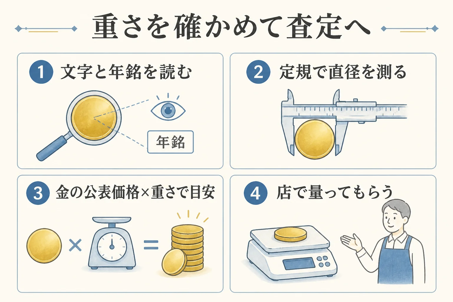重さを確かめてから査定に出す流れの図解