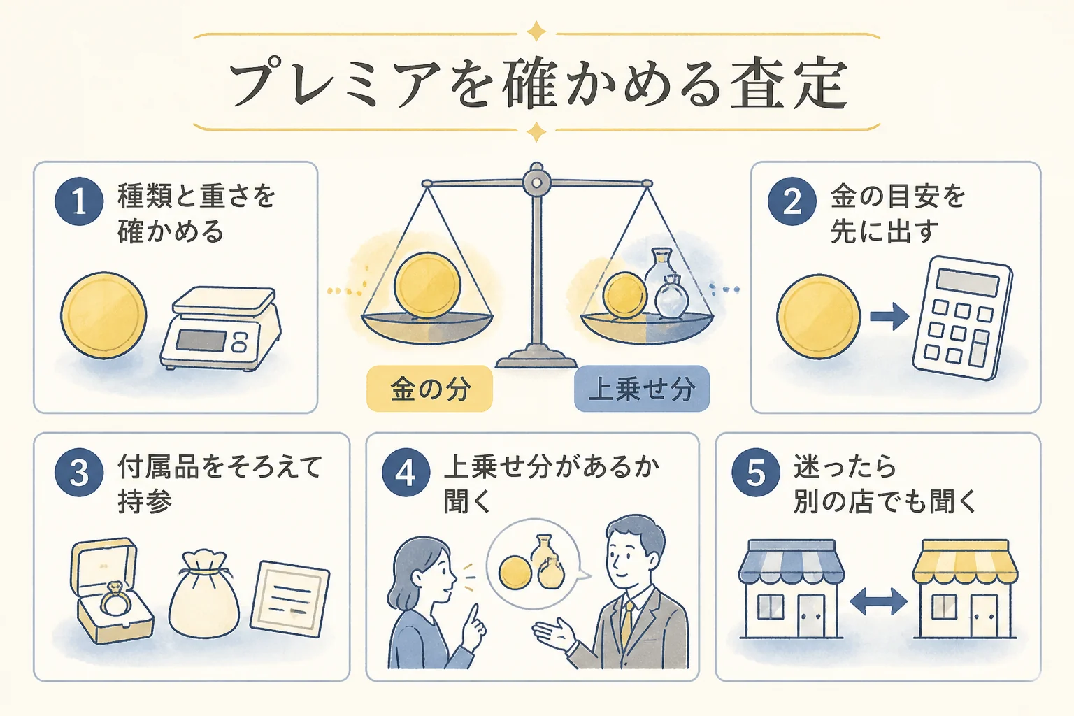 付属品をそろえてプレミアを確かめる査定の流れの図解