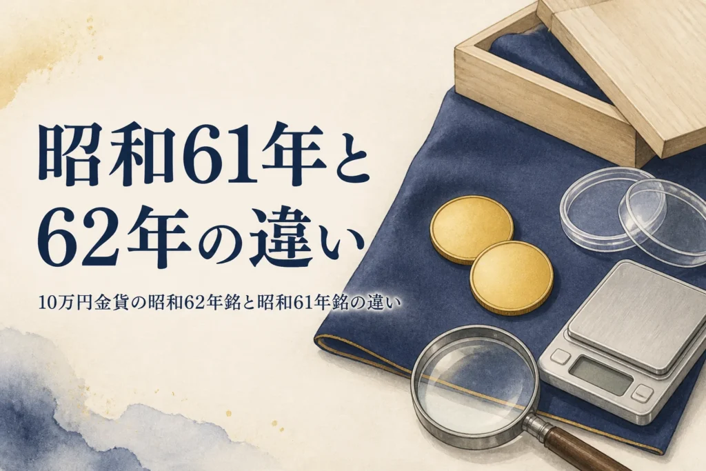 10万円金貨の昭和62年銘と昭和61年銘を見比べるイメージ