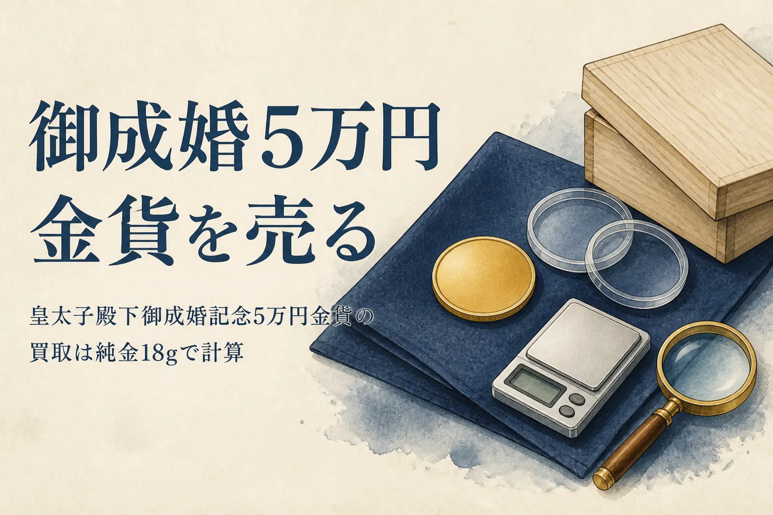 皇太子殿下御成婚記念5万円金貨の買取を計算するイメージ