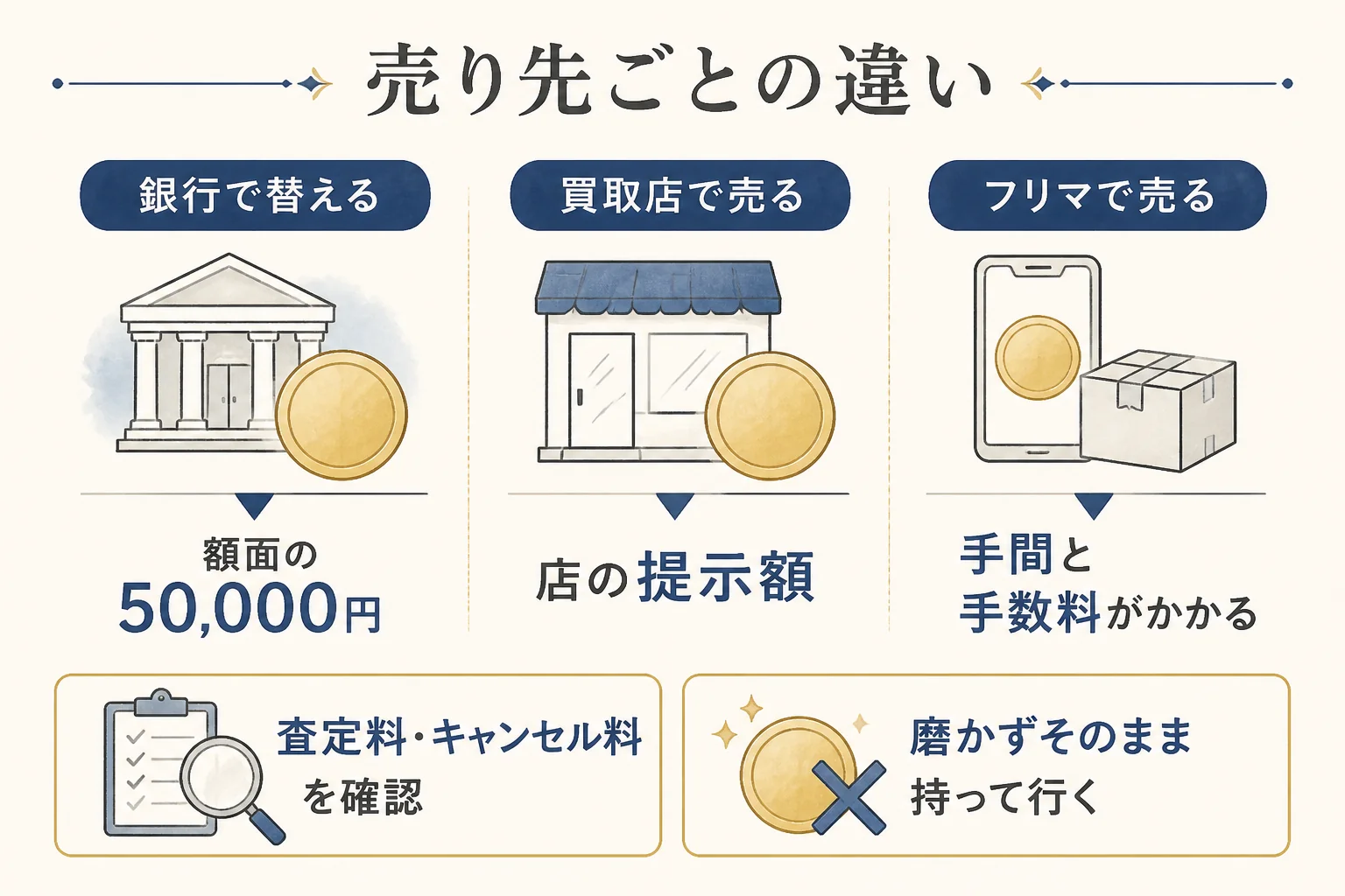 御成婚記念5万円金貨の売り先ごとの違いを比べた図解