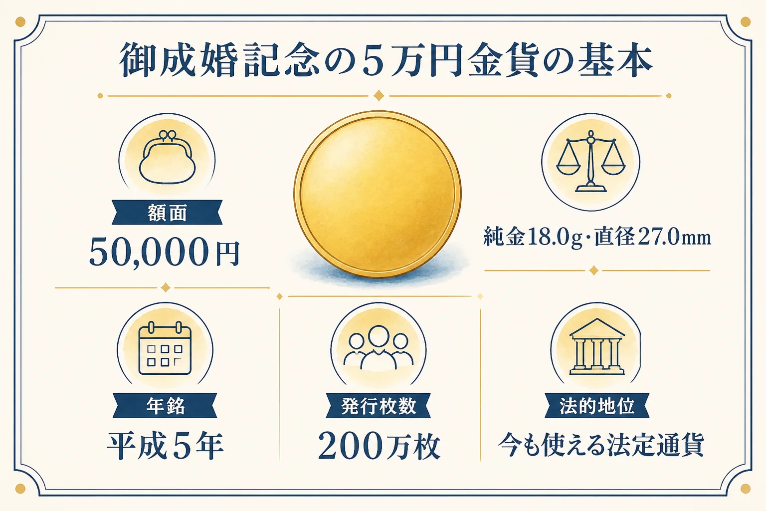 皇太子殿下御成婚記念の5万円金貨の基本の数字をまとめた図解