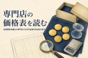 金貨の専門店の価格表を見て10万円金貨を比べるイメージ