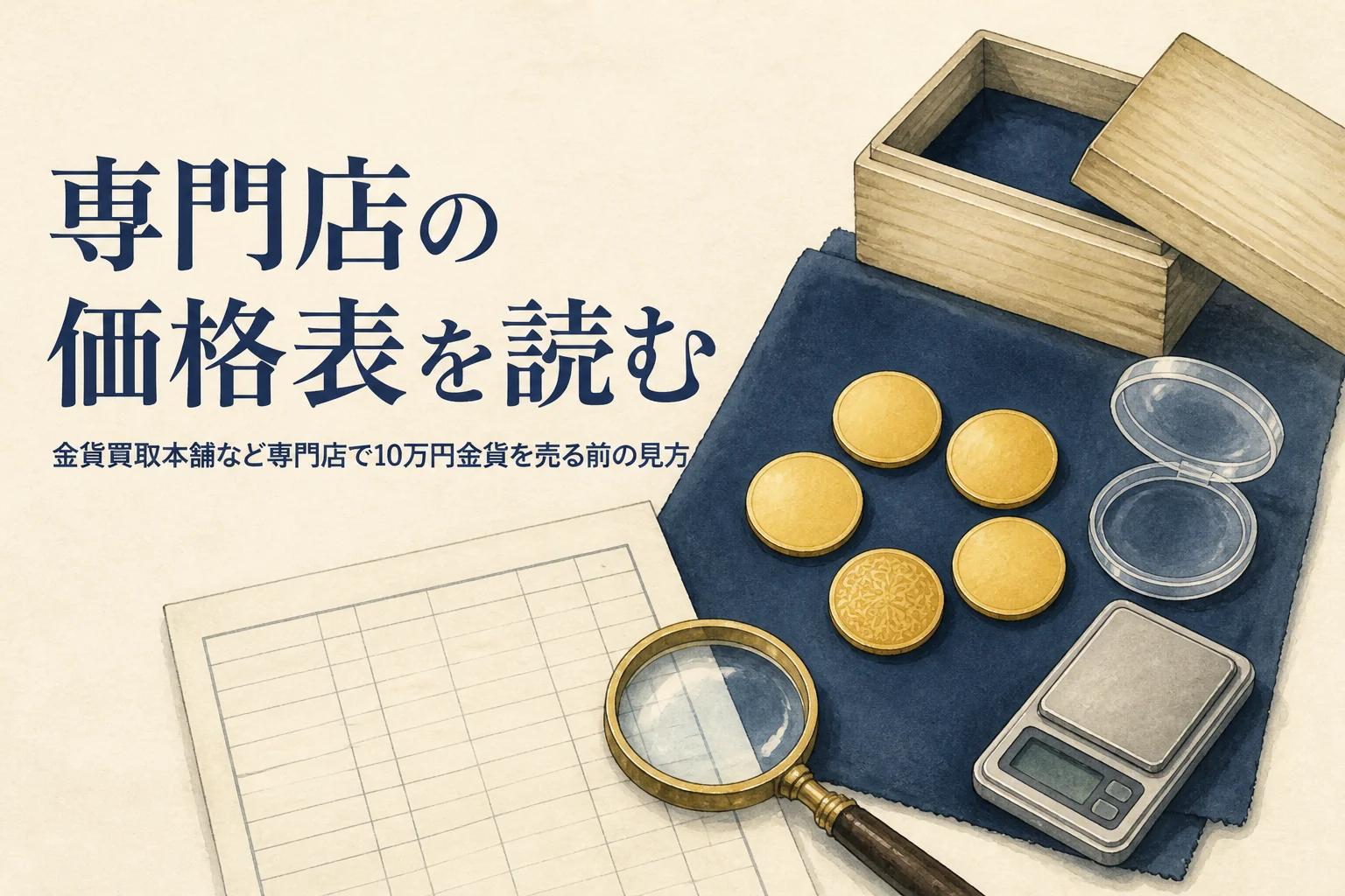 金貨の専門店の価格表を見て10万円金貨を比べるイメージ