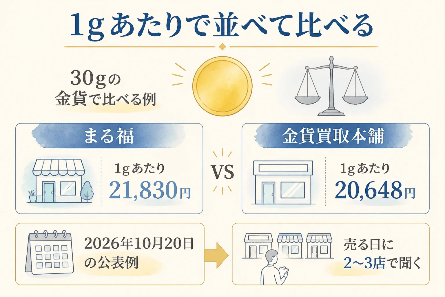 専門店と大手チェーンを1gあたりの単価で比べる流れの図解