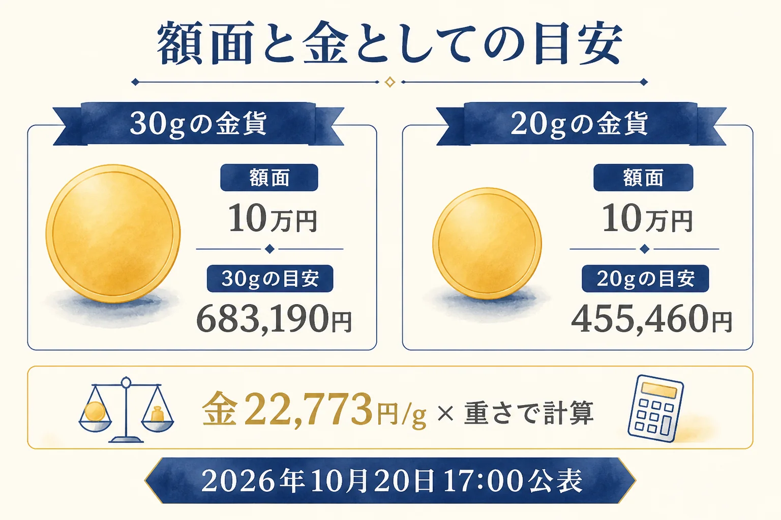 10万円金貨の額面と金の重さで見た目安を比べた図解