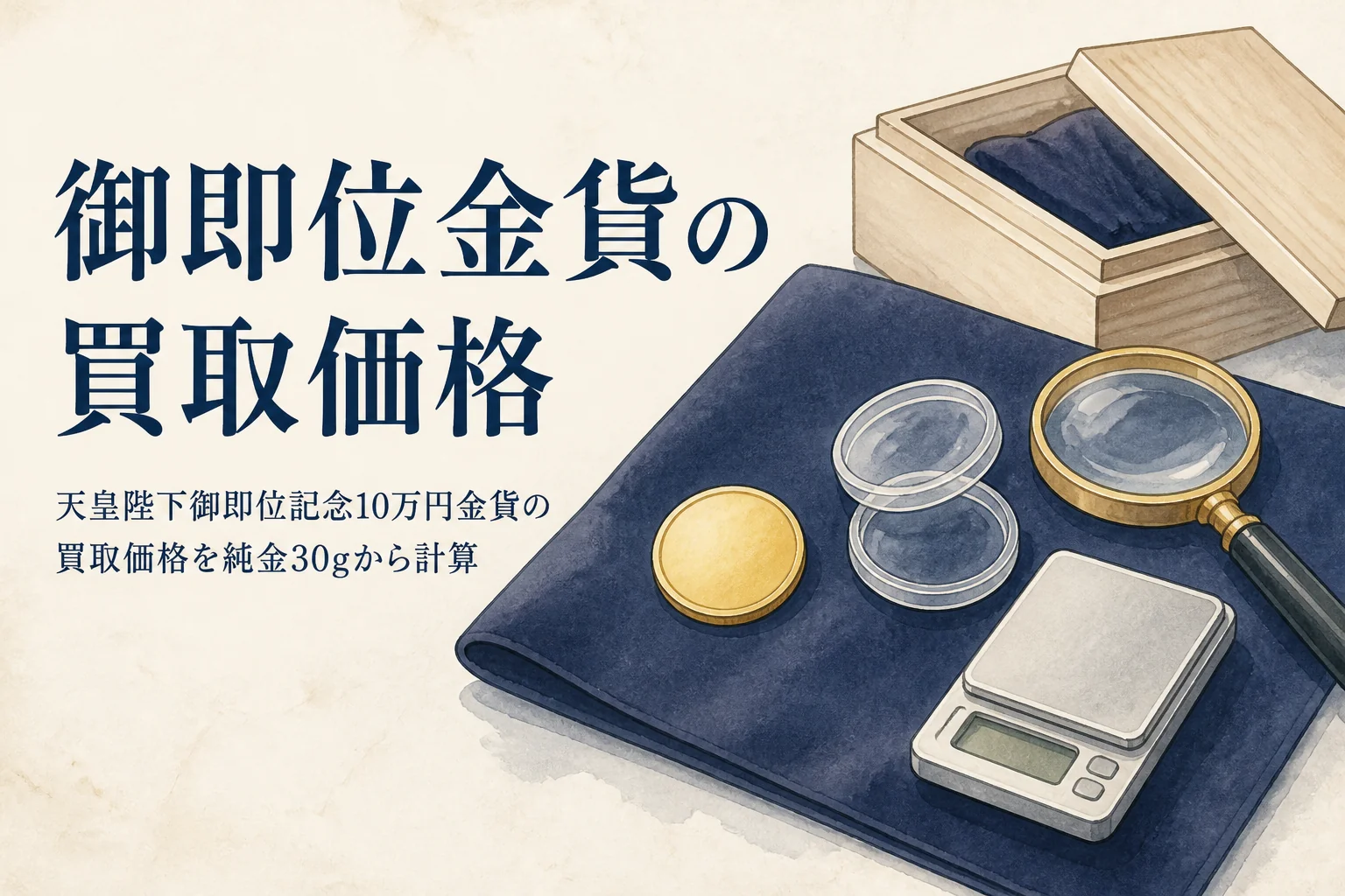 天皇陛下御即位記念10万円金貨の買取価格を計算するイメージ