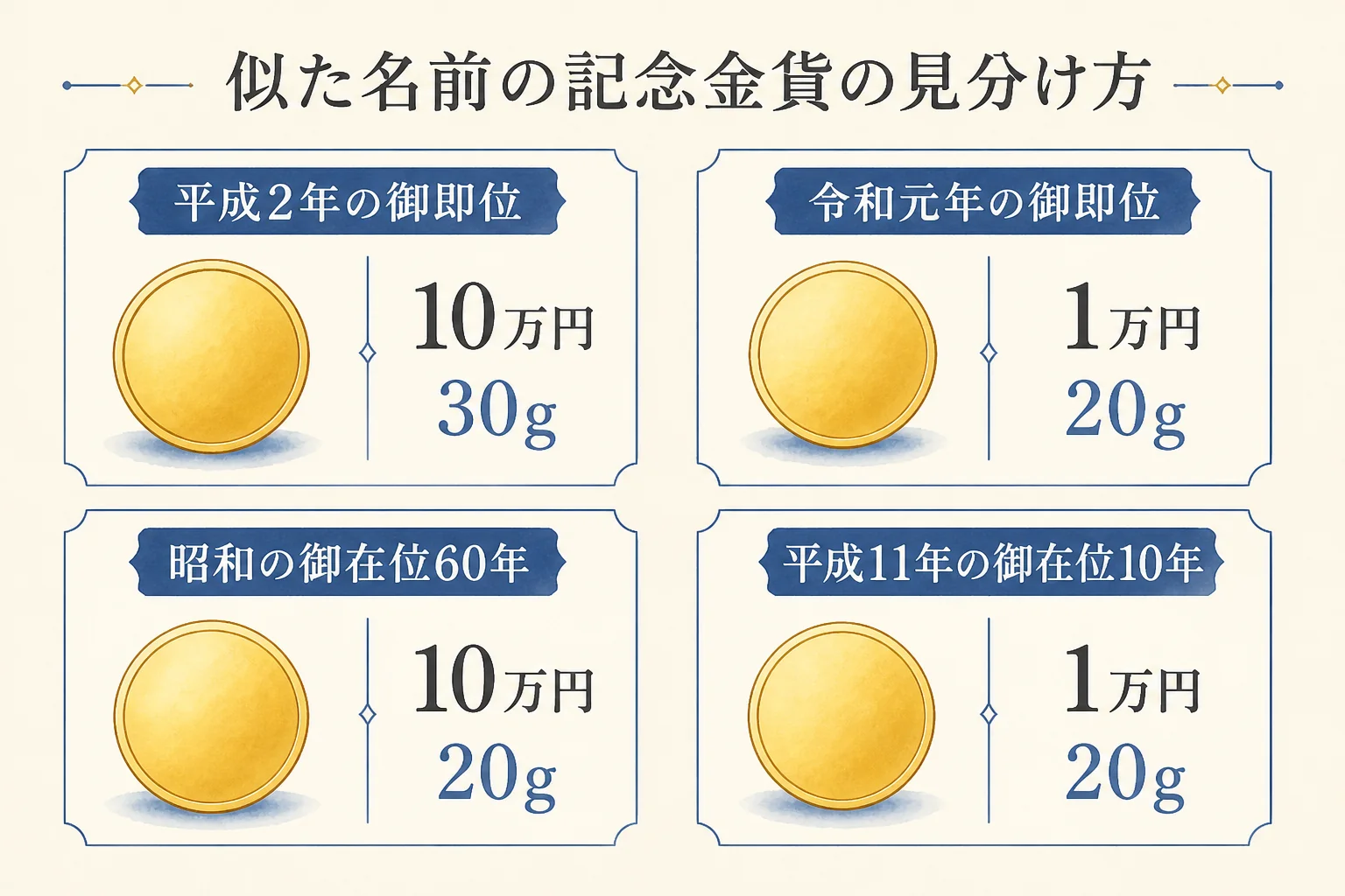 御即位記念と似た名前の記念金貨の違いをまとめた図解