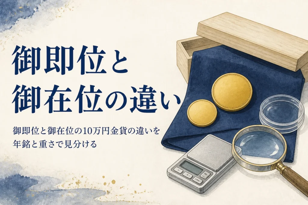 御即位と御在位60年の10万円金貨の違いを比べるイメージ