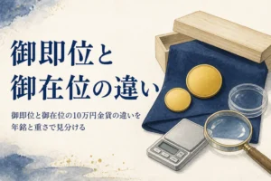 御即位と御在位60年の10万円金貨の違いを比べるイメージ