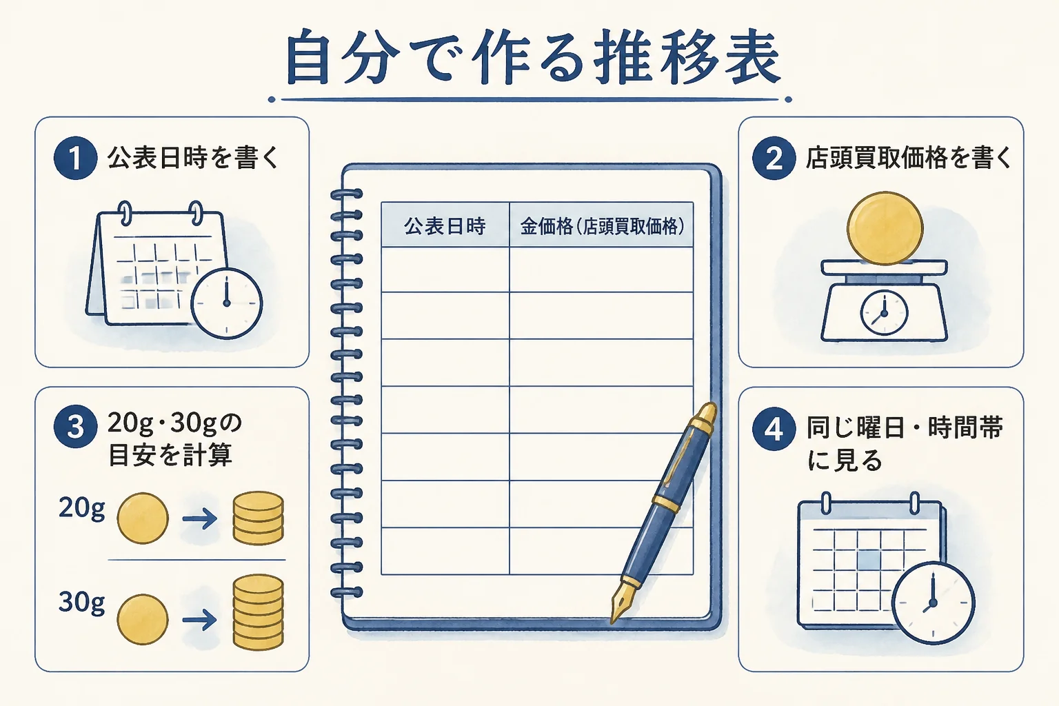 10万円金貨の目安を自分で記録する推移表の図解