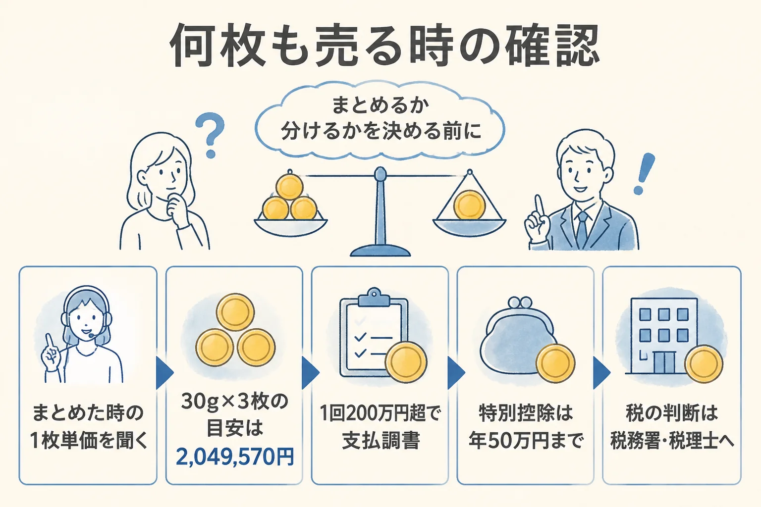 10万円金貨を何枚も売る時に1枚単価と200万円の基準を確かめる手順の図解