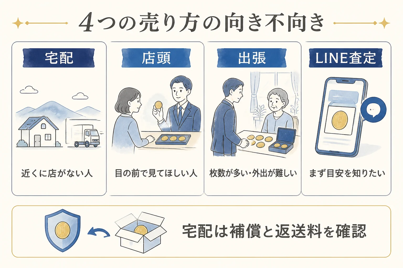 宅配・店頭・出張・LINE査定の向いている人を比べた図解