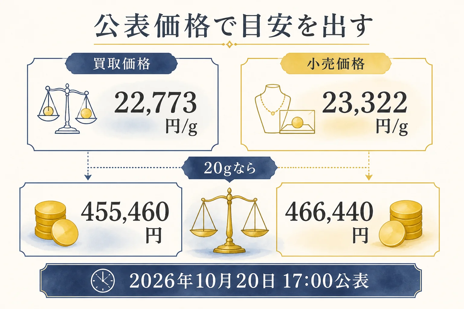 田中貴金属の公表価格を物差しにして10万円金貨の目安を出す図解