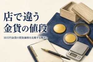 10万円金貨の買取価格を店ごとに比較するイメージ