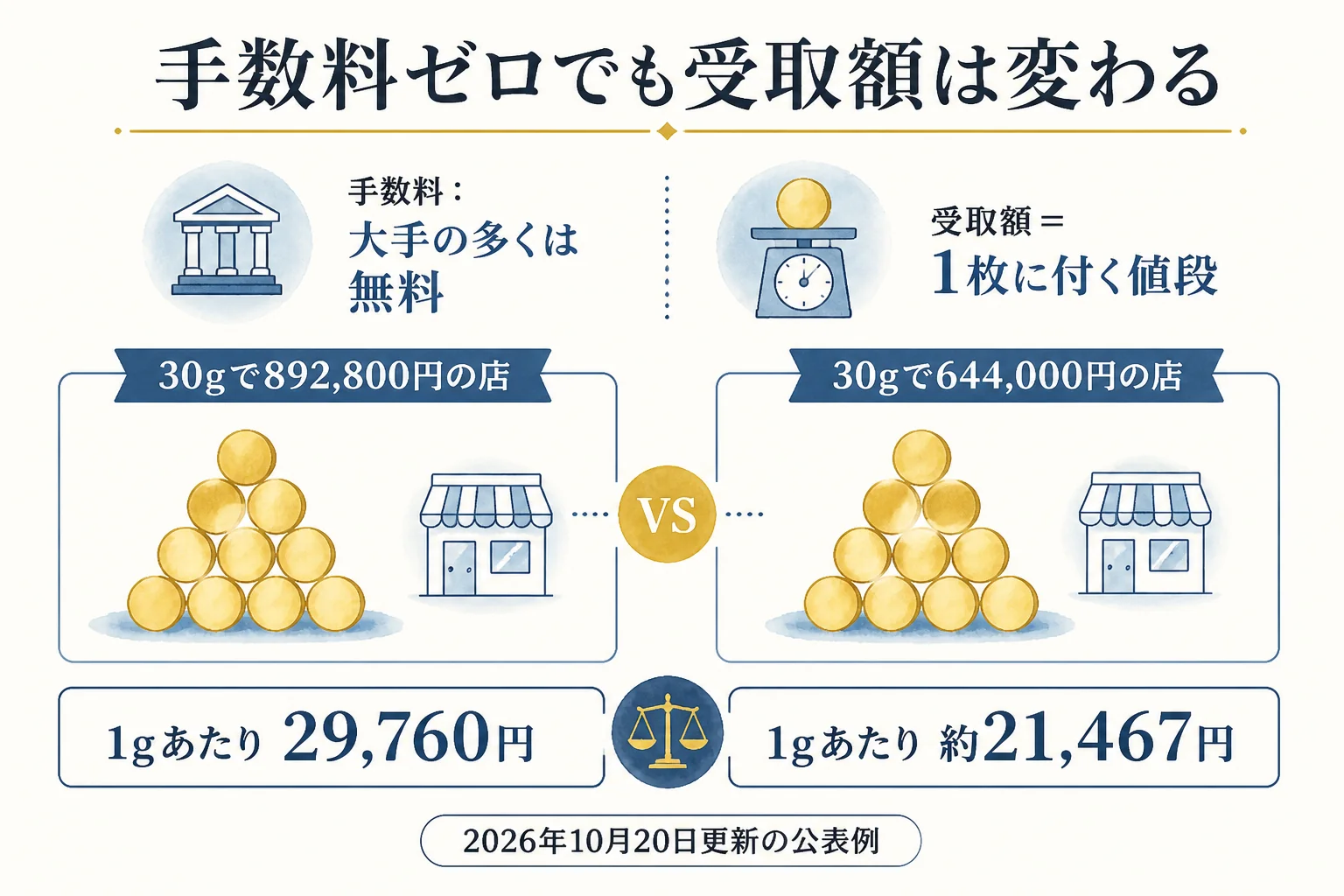 手数料が無料でも10万円金貨の受取額が店ごとに変わる仕組みの図解