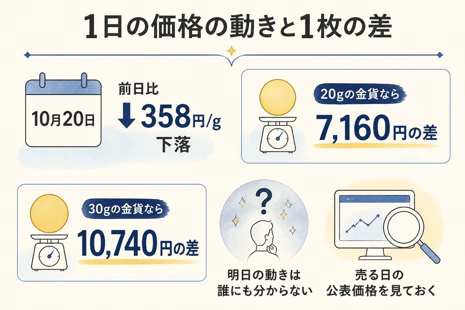 金の公表価格の1日の動きが10万円金貨1枚の金額に与える影響の図解