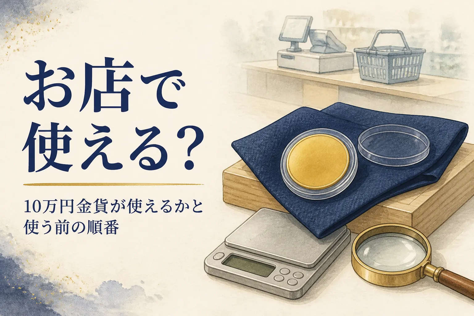 10万円金貨をお店で使えるか考えるイメージ