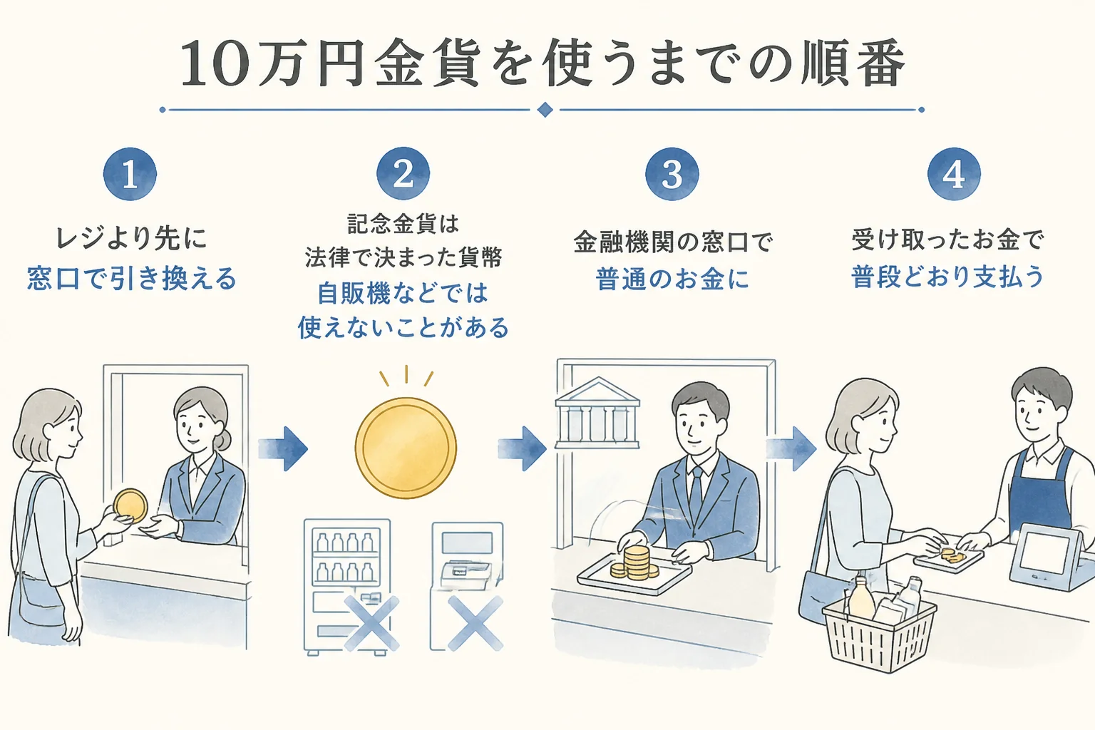 10万円金貨を使うまでの順番を示した図解