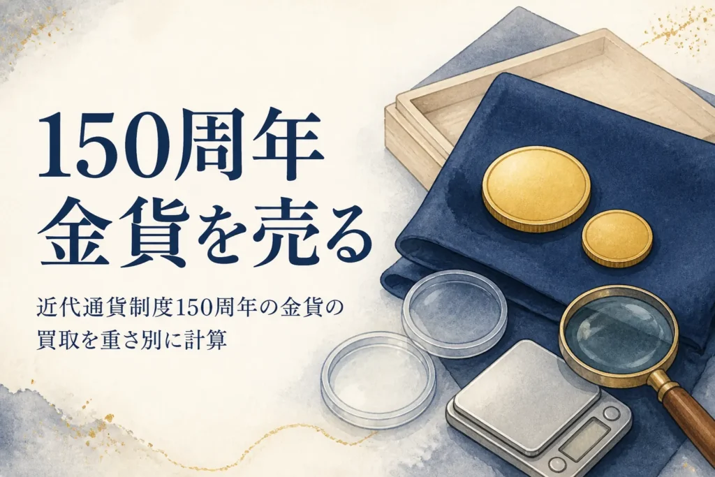 近代通貨制度150周年の金貨の買取価格を計算するイメージ