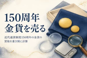近代通貨制度150周年の金貨の買取価格を計算するイメージ