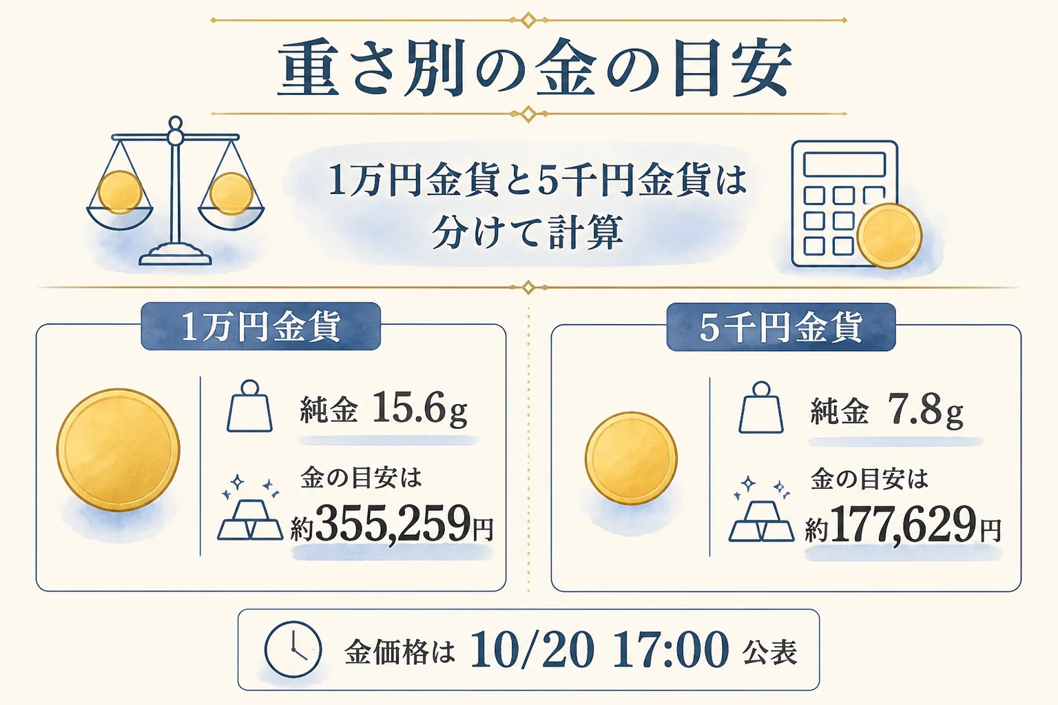 近代通貨制度150周年の1万円金貨と5千円金貨の金の目安を計算した図解