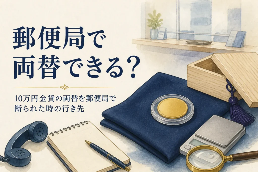 10万円金貨の両替先を電話で確かめるイメージ