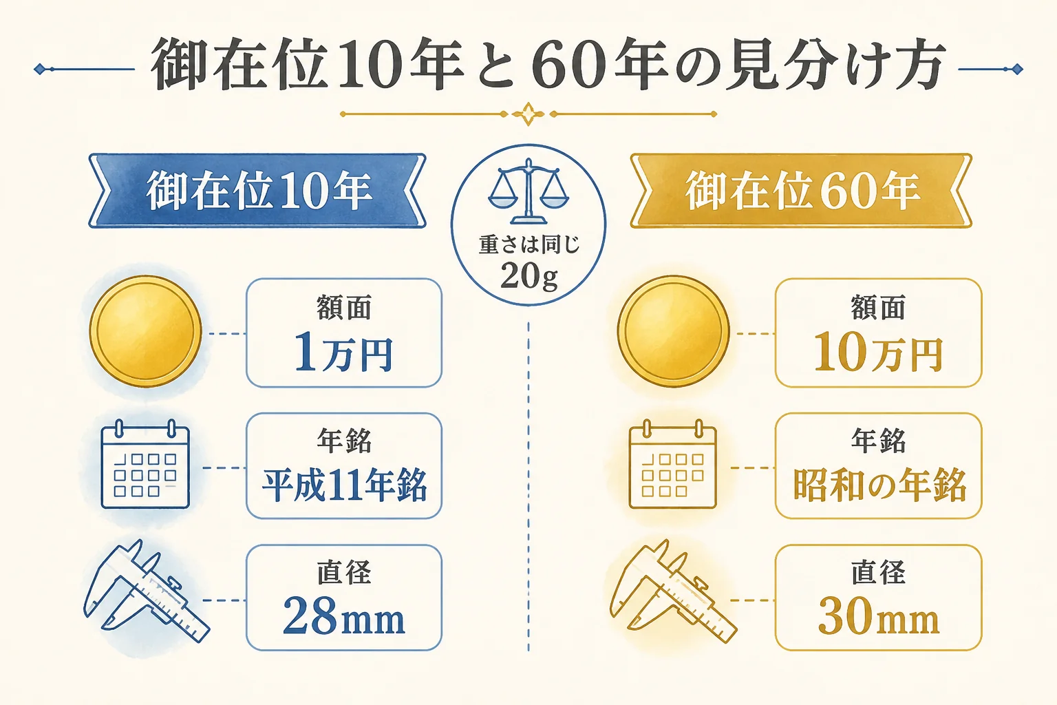 御在位10年記念1万円金貨と御在位60年記念10万円金貨の見分け方の図解