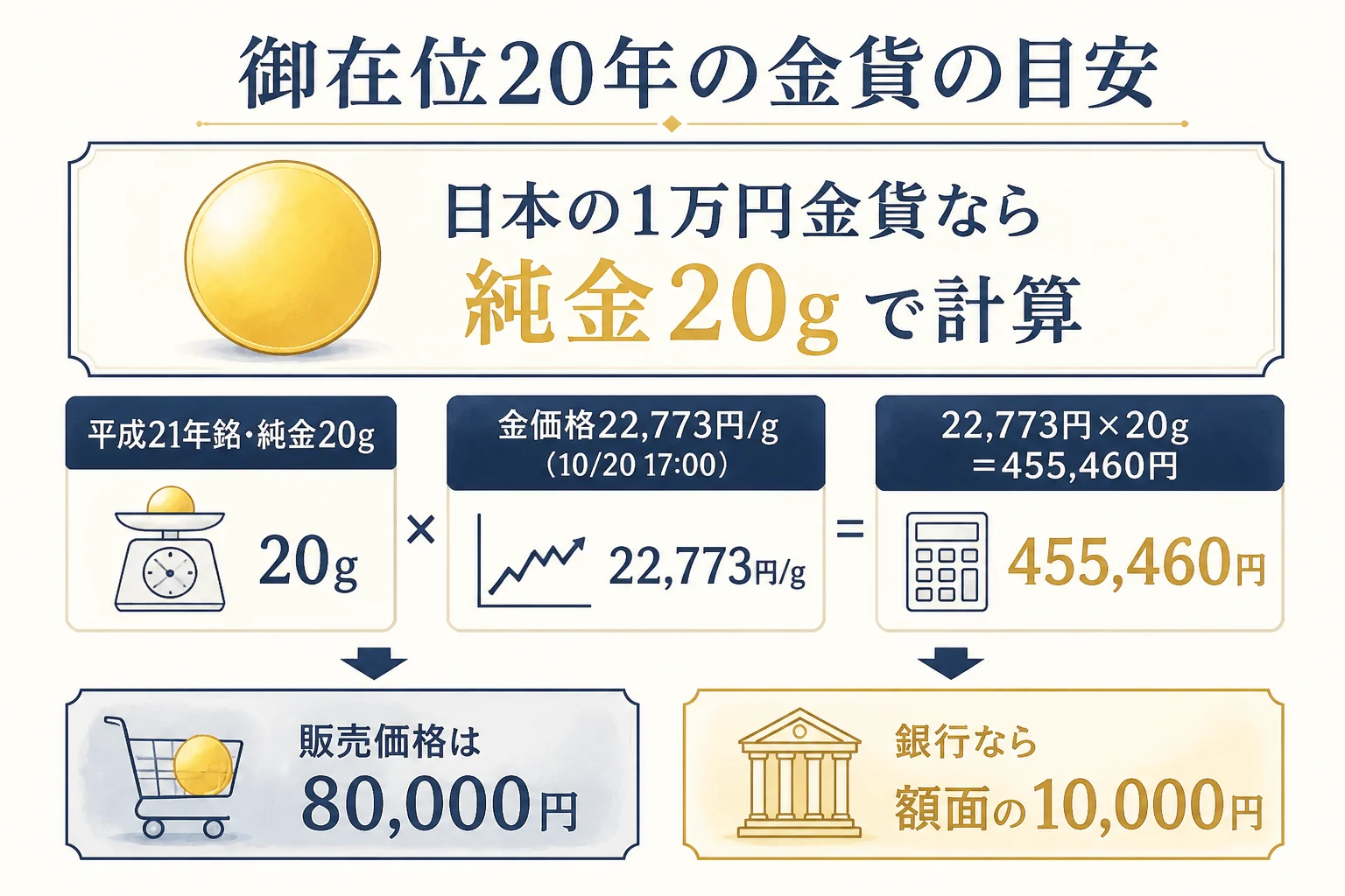 天皇在位20年記念金貨20gの買取価格の目安を計算した図解