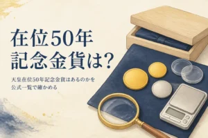天皇在位50年記念金貨があるかを確かめるイメージ