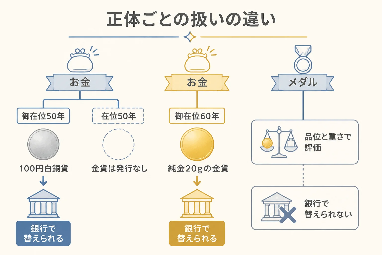 御在位50年の100円白銅貨幣・御在位60年の金貨・記念メダルの違いの図解