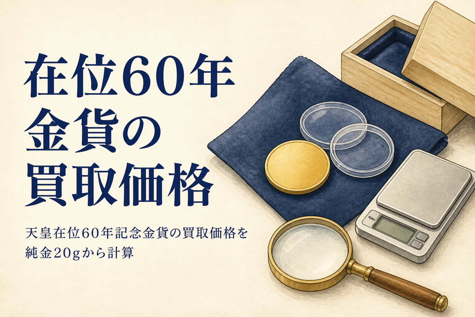 天皇在位60年記念金貨の買取価格を計算するイメージ