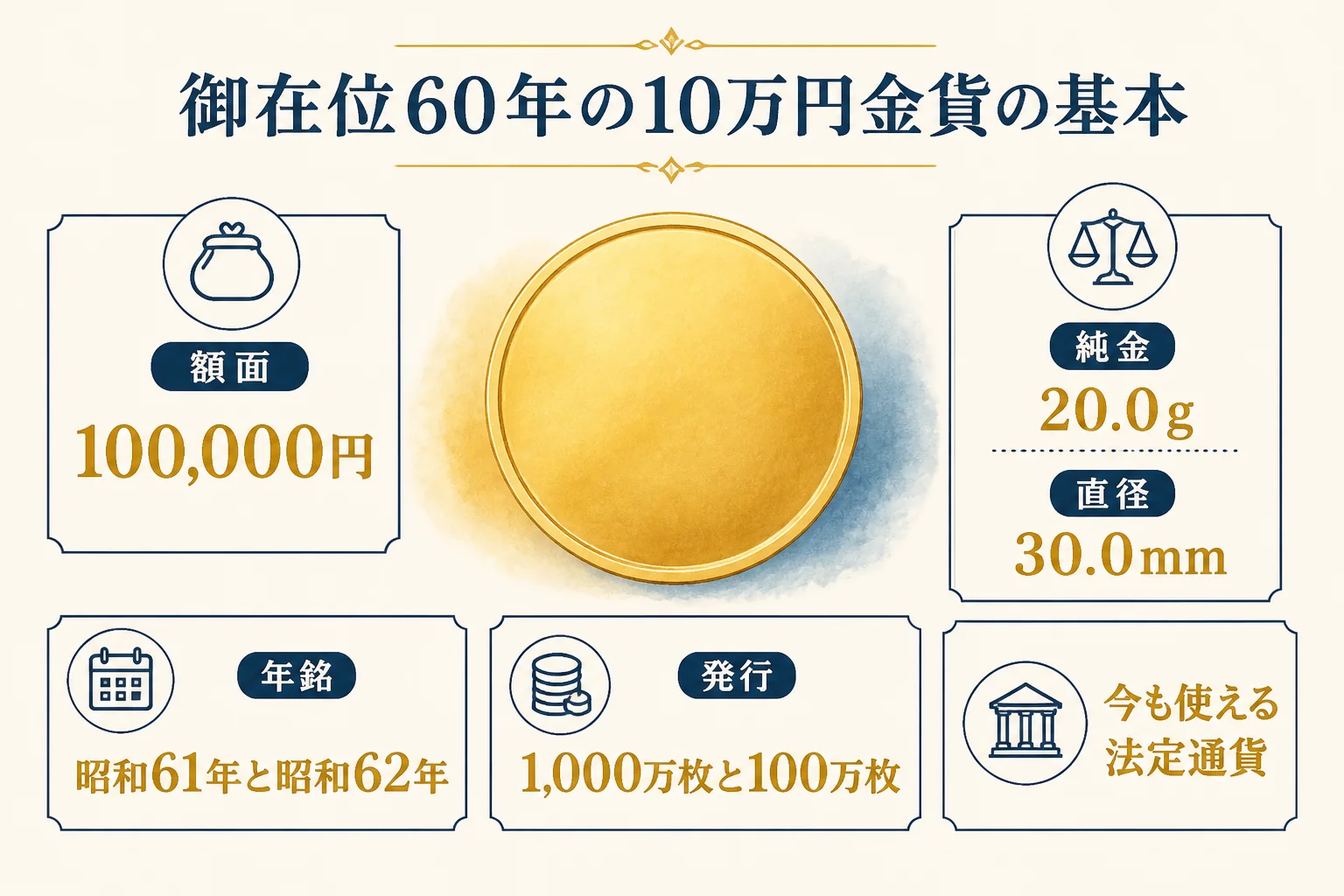 御在位60年の10万円金貨の基本の数字をまとめた図解
