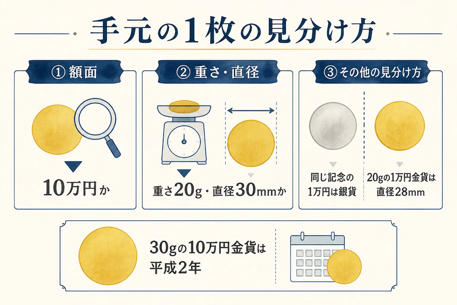 御在位60年の金貨と同じ記念の銀貨や他の金貨を見分けるポイントの図解