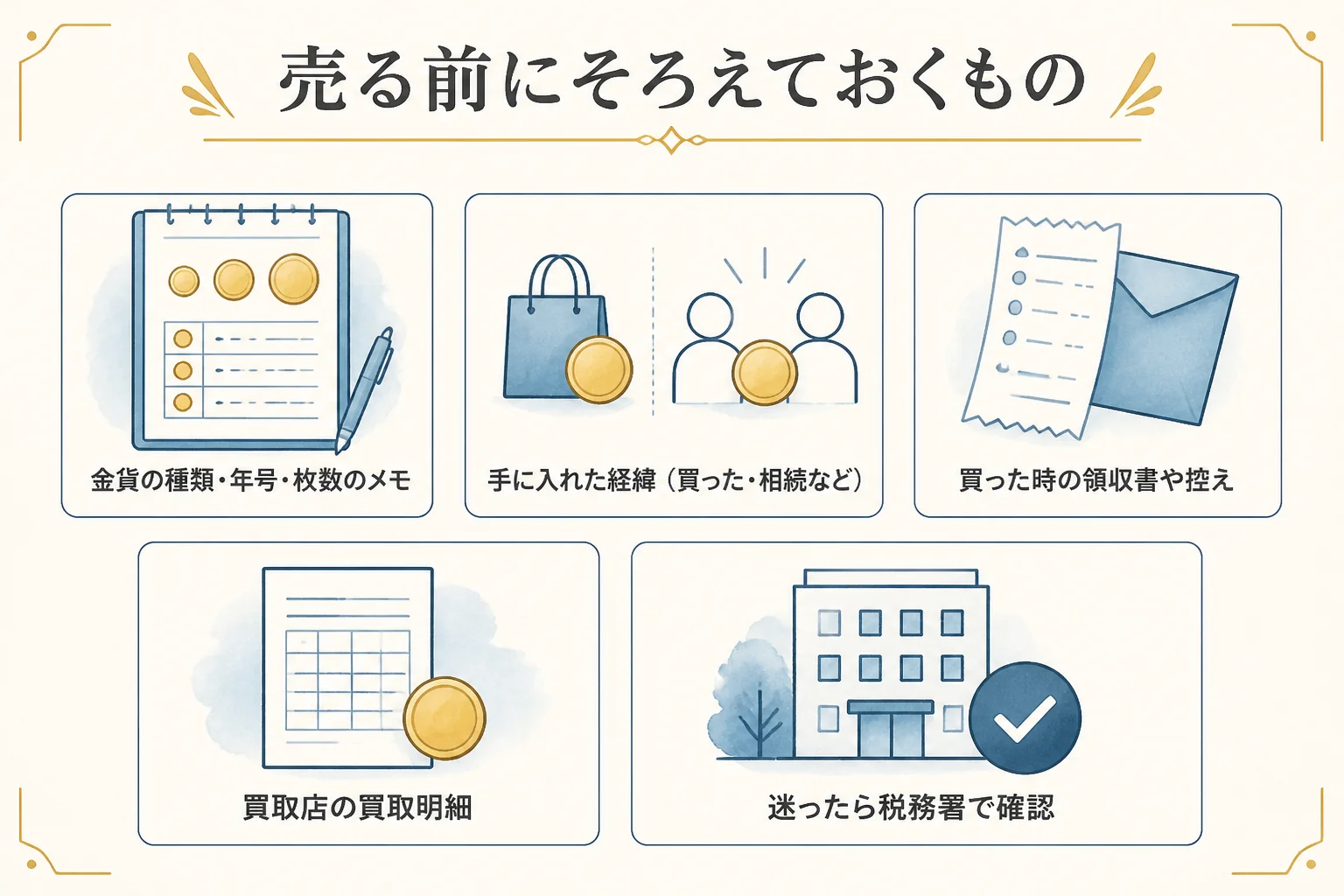 10万円金貨を売る前にそろえておく書類と確認の流れの図解